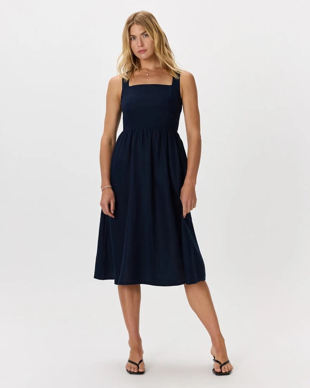 Quince European Linen Fit And Flare Deep Navy Midi Dress Small